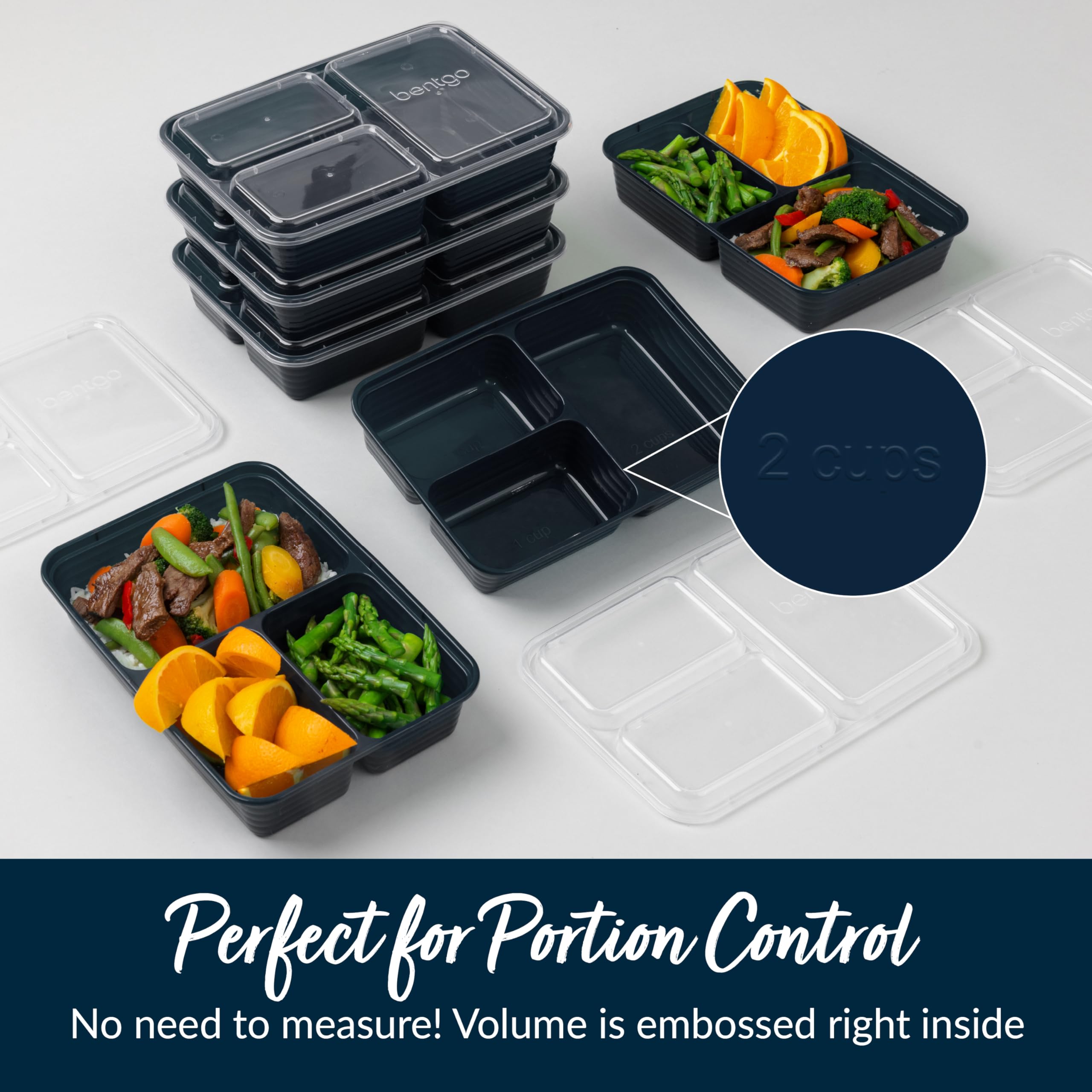 Bentgo 20-Piece Lightweight, Durable, Reusable Bpa-Free 3-Compartment Containers - Microwave, Freezer, Dishwasher Safe - Navy Bl